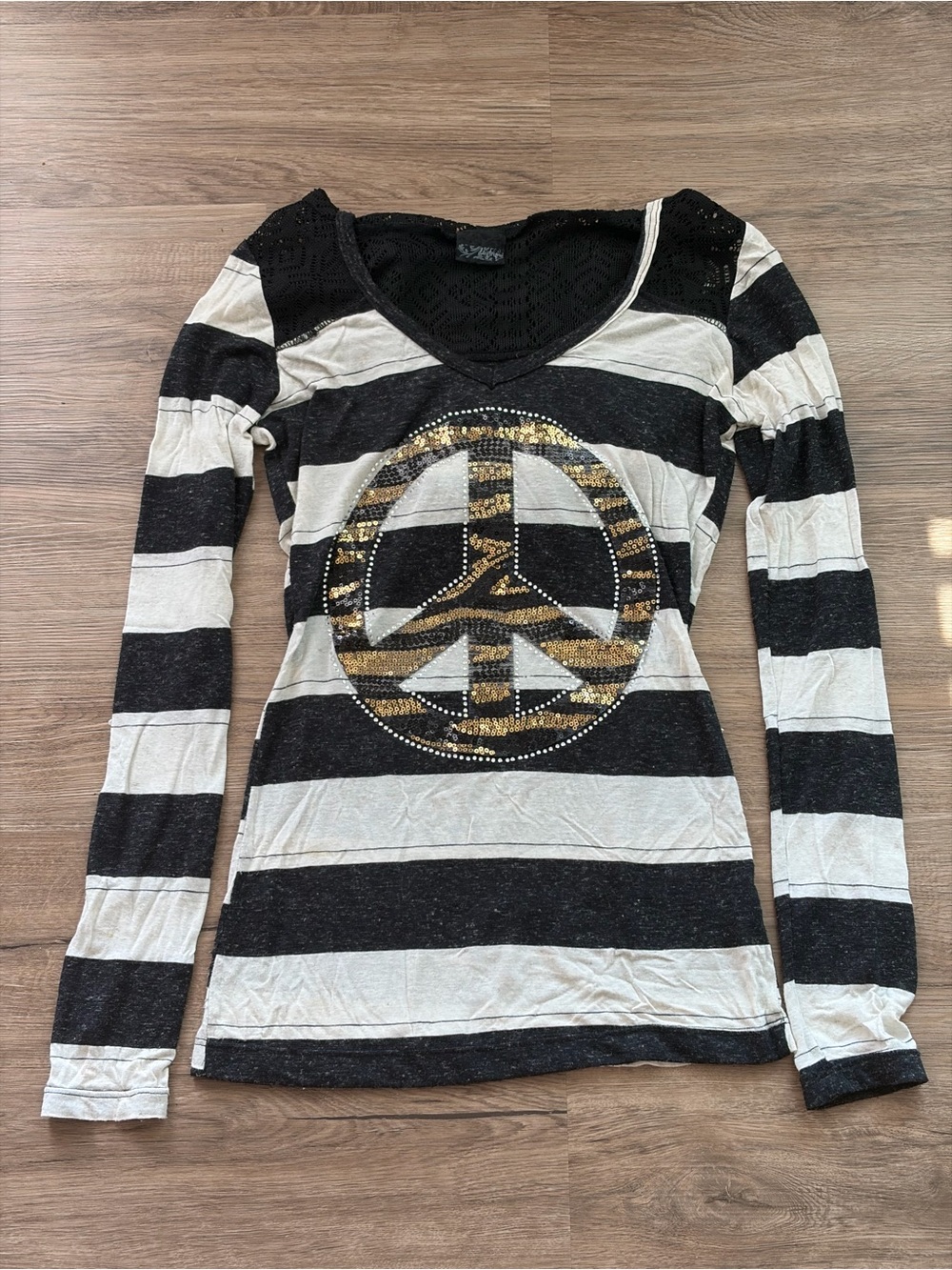 Daytrip Y2K Peace Sign Striped Hooded Long Sleeve Top Size XS